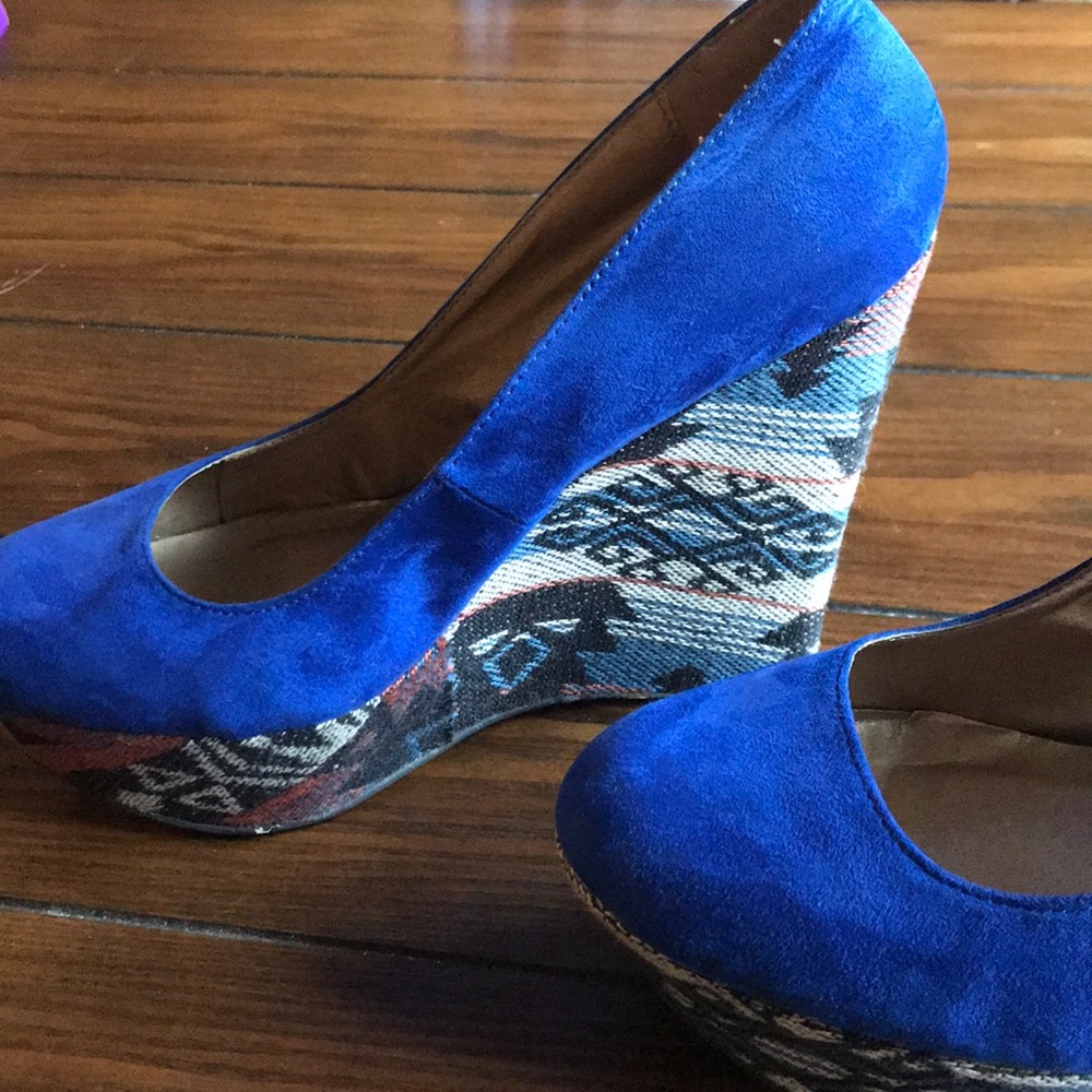 Blue Aztec Wedge Platform Heels - Picture 2 of 9